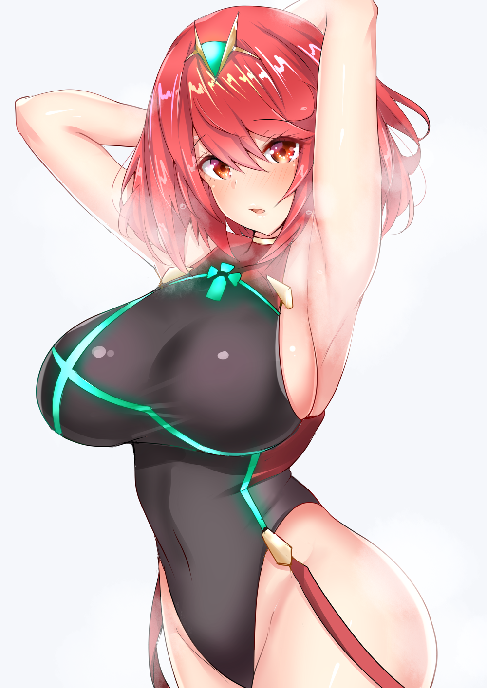1girl armpits arms_behind_head arms_up bangs black_swimsuit blush breasts covered_navel earrings headpiece highleg highleg_swimsuit highres hips pyra_(xenoblade) jewelry large_breasts looking_at_viewer nintendo one-piece_swimsuit open_mouth red_eyes red_swimsuit redhead sankakusui short_hair sideboob sidelocks solo swept_bangs swimsuit tiara two-tone_swimsuit waist xenoblade_(series) xenoblade_2