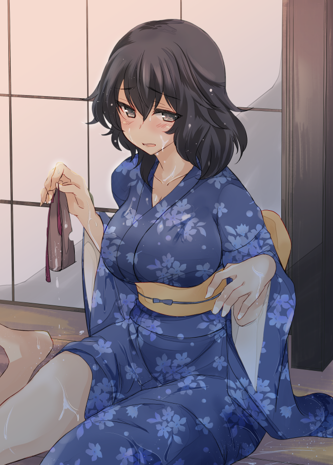 1girl abenattou andou_(girls_und_panzer) bangs barefoot black_hair blue_kimono blush brown_eyes commentary dark_skin eyebrows_visible_through_hair floral_print frown girls_und_panzer holding japanese_clothes kimono long_sleeves looking_at_viewer medium_hair messy_hair obi on_floor open_mouth rag sash shouji sitting sliding_doors solo wariza wet wet_clothes wet_hair wide_sleeves wooden_floor