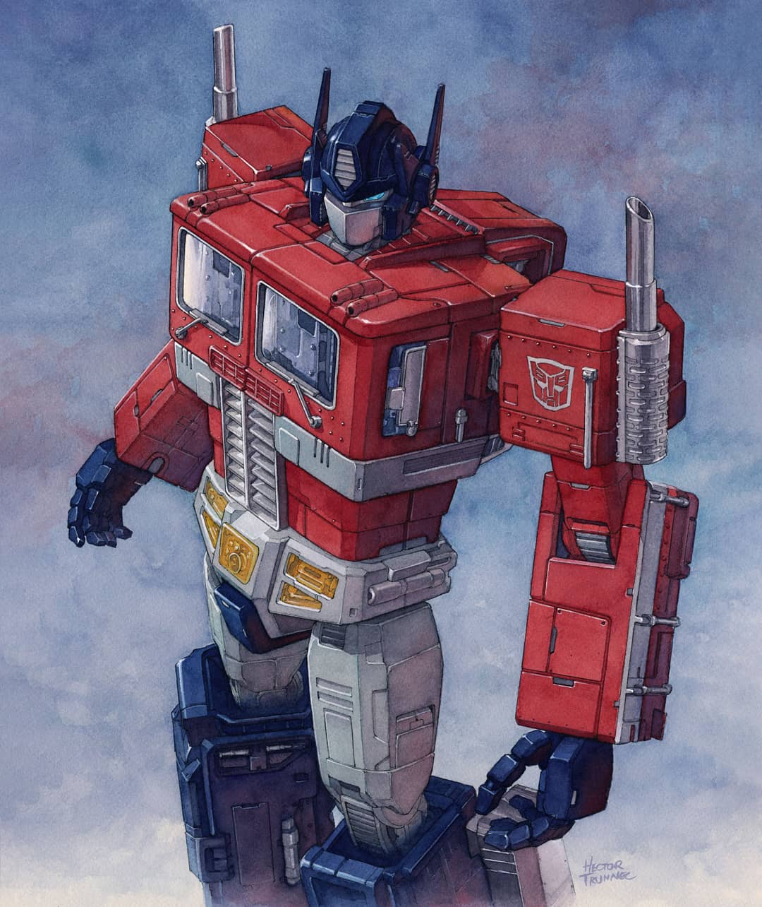 80s autobot from_above ground_vehicle hector_trunnec highres insignia machine machinery mecha motor_vehicle no_humans oldschool optimus_prime robot science_fiction signature traditional_media transformers truck watercolor_(medium)