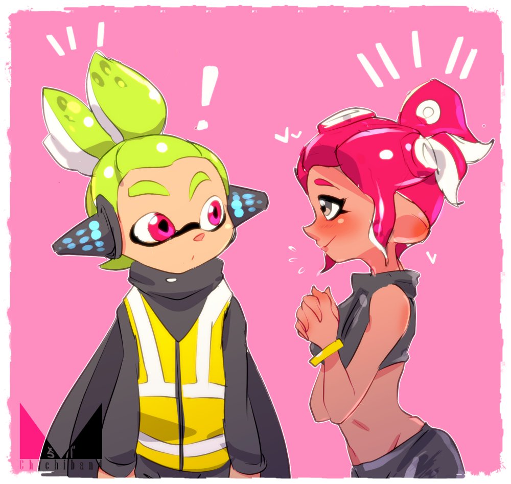! agent_8 alternate_hairstyle black_eyes black_shirt black_skin blush bracelet chichi_band closed_mouth crop_top dark_skin from_side frown green_hair hair_up hands_together headgear heart inkling interlocked_fingers jewelry looking_at_viewer makeup mascara midriff nintendo notice_lines octarian octoling pink_background pointy_ears redhead shirt short_hair smile splatoon splatoon_2 splatoon_2:_octo_expansion squidbeak_splatoon standing sweatdrop tentacle_hair topknot upper_body vest violet_eyes watermark yellow_vest