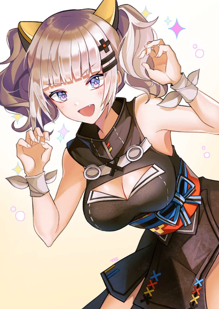 1girl :d bangs bare_shoulders black_dress blue_eyes blunt_bangs breasts claw_pose cleavage d-pad d-pad_hair_ornament dress fang fingernails ggomddak hair_ornament hairclip kaguya_luna kaguya_luna_(character) looking_at_viewer medium_breasts multicolored multicolored_eyes obi open_mouth pink_eyes ribbon sash short_hair silver_hair sleeveless sleeveless_dress smile solo twintails v-shaped_eyebrows virtual_youtuber wrist_ribbon