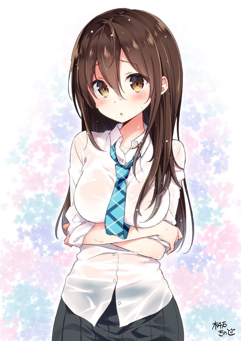 1girl :o arms_under_breasts bangs black_skirt blue_neckwear blush breast_hold breasts brown_eyes brown_hair buttons collared_shirt commentary_request cowboy_shot crossed_arms dress_shirt eyebrows_visible_through_hair hair_between_eyes head_tilt large_breasts long_hair long_sleeves looking_at_viewer masuishi_kinoto necktie no_bra open_mouth original parted_lips plaid plaid_neckwear pleated_skirt school_uniform see-through shirt skirt sleeves_past_elbows sleeves_pushed_up solo standing tareme upper_body wet wet_clothes wet_shirt wing_collar