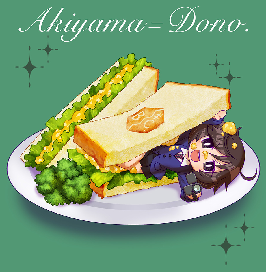 1girl :d akiyama_yukari alternate_costume bangs bc_freedom_(emblem) bc_freedom_school_uniform black_skirt blue_neckwear blue_sweater broccoli brown_eyes brown_hair cardigan chaki_(teasets) character_name chibi cursive diagonal_stripes dress_shirt emblem food food_on_face girls_und_panzer green_background holding lettuce long_sleeves looking_at_viewer lying messy_hair minigirl miniskirt necktie on_side open_mouth plate pleated_skirt red_neckwear sandwiched school_uniform shirt short_hair skirt smile solo sparkle striped striped_neckwear sweater white_shirt wing_collar