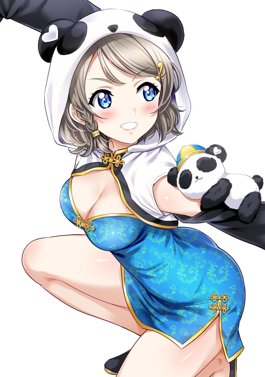 1girl animal_costume bangs blue_eyes blush braid breasts china_dress chinese_clothes cleavage dress eyebrows_visible_through_hair grey_hair hair_between_eyes highres hood hoodie hoodie_vest love_live! love_live!_sunshine!! medium_breasts panda panda_costume rozen5 short_hair simple_background smile solo vest watanabe_you white_background