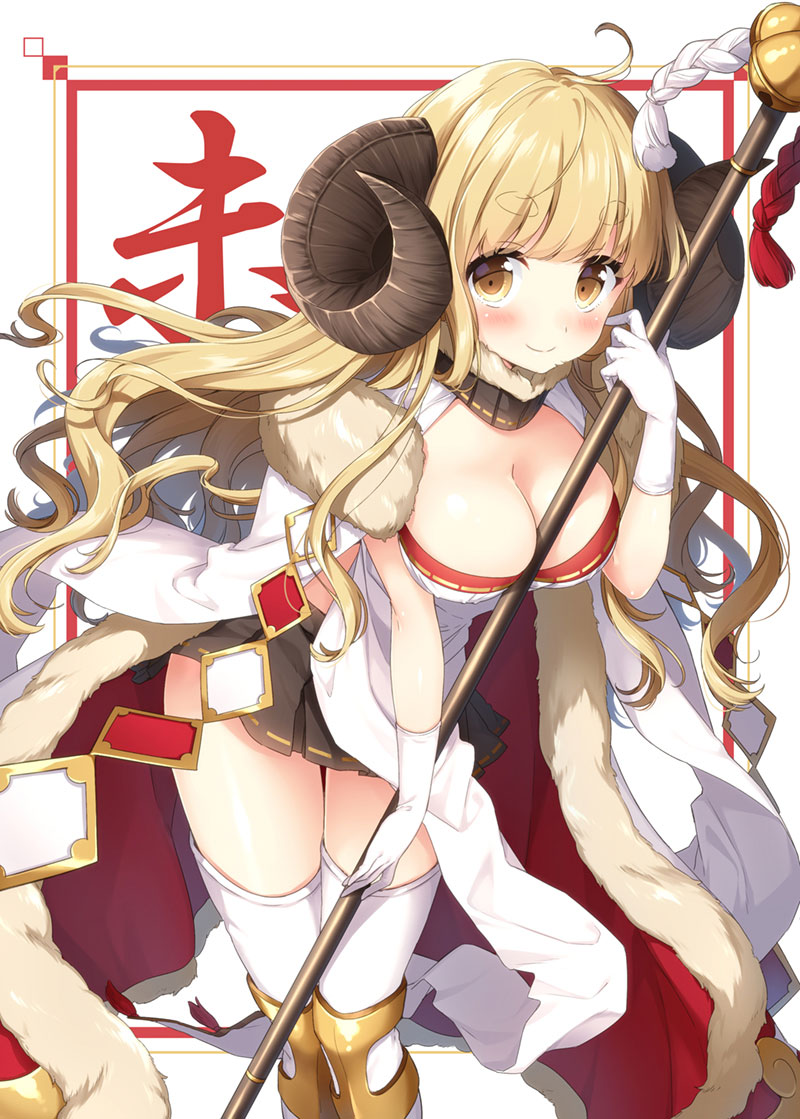 1girl ahoge anila_(granblue_fantasy) bangs between_breasts black_skirt blonde_hair blush breasts brown_eyes cleavage closed_mouth curled_horns draph dress eyebrows_visible_through_hair gloves granblue_fantasy horns leaning_forward long_hair masuishi_kinoto medium_breasts multicolored multicolored_cloak pelvic_curtain pleated_skirt red_cloak sheep_horns short_eyebrows skirt smile solo standing thick_eyebrows thigh-highs very_long_hair white_background white_dress white_gloves white_legwear