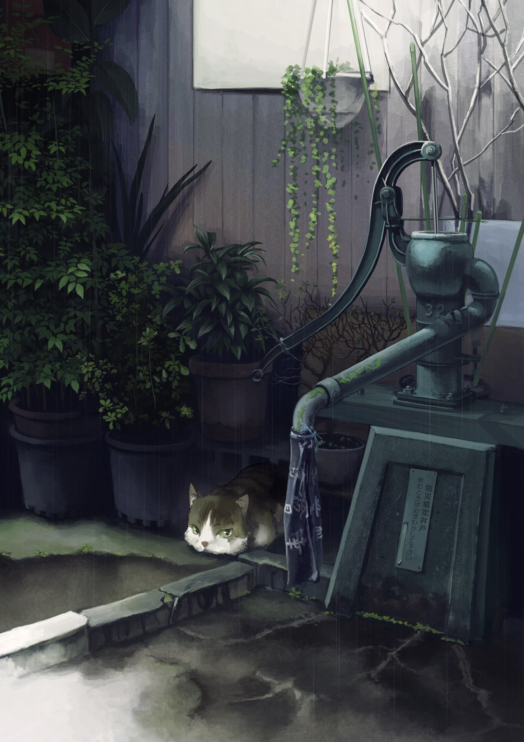 cat day fence highres kusakabe_(kusakabeworks) looking_at_viewer no_humans original outdoors plant potted_plant rain scenery tokyo_(city) translation_request water_pump