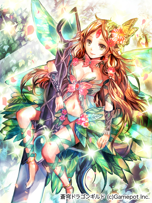 1girl bangs blonde_hair blue_panties blue_ribbon breasts brown_eyes bug butterfly butterfly_wings cherry_blossoms cleavage copyright_name copyright_request forehead_jewel insect leg_ribbon long_hair medium_breasts midriff navel official_art panties parted_bangs pointy_ears ribbon rioka_(southern_blue_sky) sitting smile solo stomach underwear very_long_hair wings
