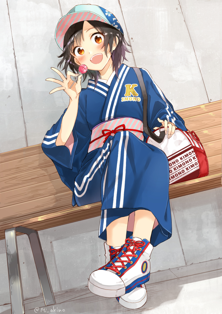 1girl :d bag bangs baseball_cap blue_hat blue_kimono blush brown_eyes brown_hair cherry_blossom_print commentary_request duffel_bag dutch_angle eyebrows_visible_through_hair fingernails hat japanese_clothes kimono long_sleeves looking_at_viewer miyabi_akino obi open_mouth original print_hat sash shoes shoulder_bag sitting smile sneakers solo white_footwear wide_sleeves