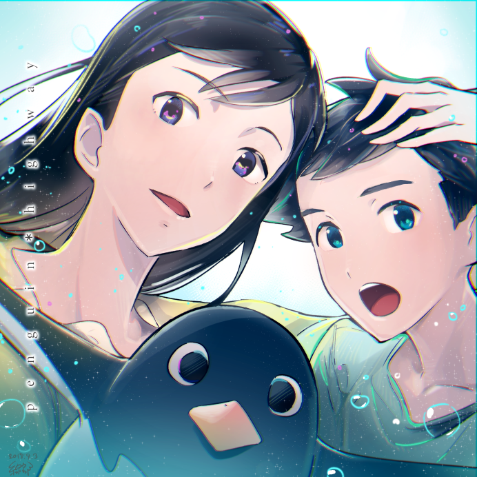 1boy 1girl 2018 :o aoyama-kun_(penguin_highway) bird black_hair blue_background blue_eyes bubble copyright_name dated long_hair onee-san_(penguin_highway) penguin penguin_highway upper_body violet_eyes wata_fooling