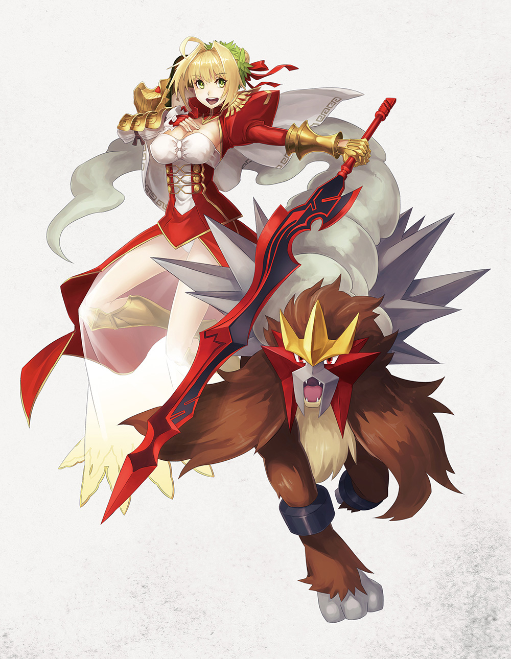 1girl :d a-er_(akkij0358) aestus_estus ahoge blonde_hair boots braid braided_bun breasts commentary_request creatures_(company) crossover dress entei eyebrows_visible_through_hair fate/grand_order fate_(series) fingerless_gloves game_freak gauntlets gen_2_pokemon gloves green_eyes grey_background hair_bun hair_ribbon highres juliet_sleeves large_breasts leotard long_sleeves looking_at_viewer nero_claudius_(fate) nero_claudius_(fate)_(all) nintendo open_mouth pokemon pokemon_(creature) puffy_sleeves red_dress red_gloves red_ribbon ribbon see-through single_gauntlet smile solo white_leotard