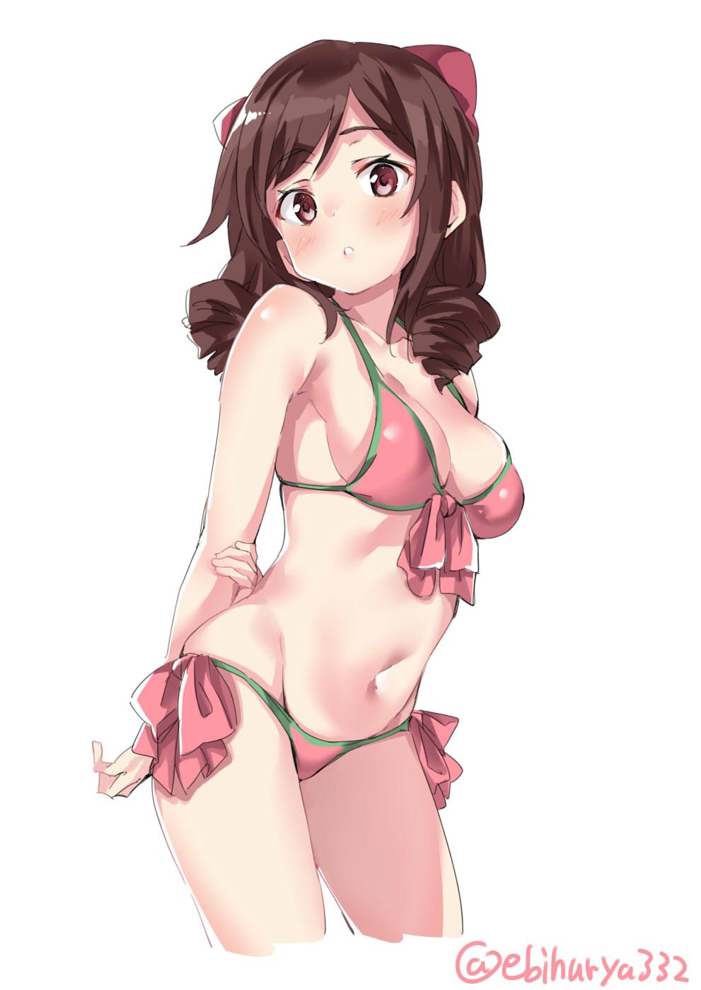 1girl alternate_costume bangs bare_legs bare_shoulders bikini blush bow breasts brown_hair cleavage collarbone cowboy_shot cropped_legs drill_hair ebifurya eyebrows_visible_through_hair front-tie_bikini front-tie_top groin hair_between_eyes hair_bow harukaze_(kantai_collection) highres kantai_collection long_hair looking_at_viewer medium_breasts navel open_mouth pink_bikini red_bow red_eyes shiny shiny_skin side-tie_bikini simple_background solo stomach swimsuit thighs twin_drills white_background