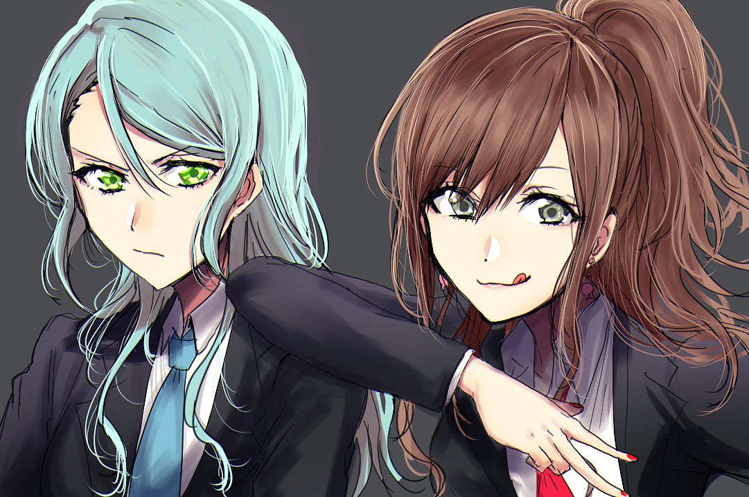 2girls aqua_hair arm_on_shoulder bang_dream! brown_hair earrings formal green_eyes grey_background grey_eyes hikawa_sayo imai_lisa jewelry licking_lips long_hair looking_at_viewer multiple_girls nail_polish necktie ponytail raikou104 scowl simple_background suit tongue tongue_out