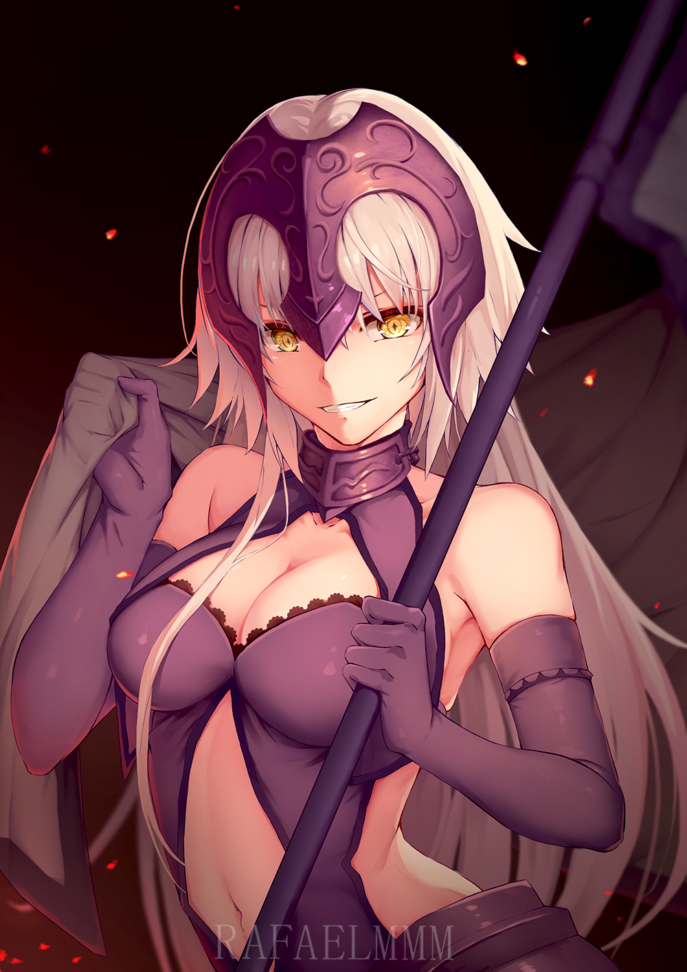 1girl armpit_peek artist_name bangs banner bare_shoulders black_gloves blanket breasts cleavage cleavage_cutout closed_eyes collar collarbone dress elbow_gloves fate/grand_order fate_(series) faulds gloves grin head_tilt highres holding jeanne_d'arc_(alter)_(fate) jeanne_d'arc_(fate)_(all) long_hair looking_at_viewer medium_breasts midriff military military_uniform naval_uniform navel_cutout parted_lips rafael-m skindentation sleeveless sleeveless_dress smile solo stomach straight_hair teeth uniform upper_body v-shaped_eyebrows very_long_hair white_hair yellow_eyes
