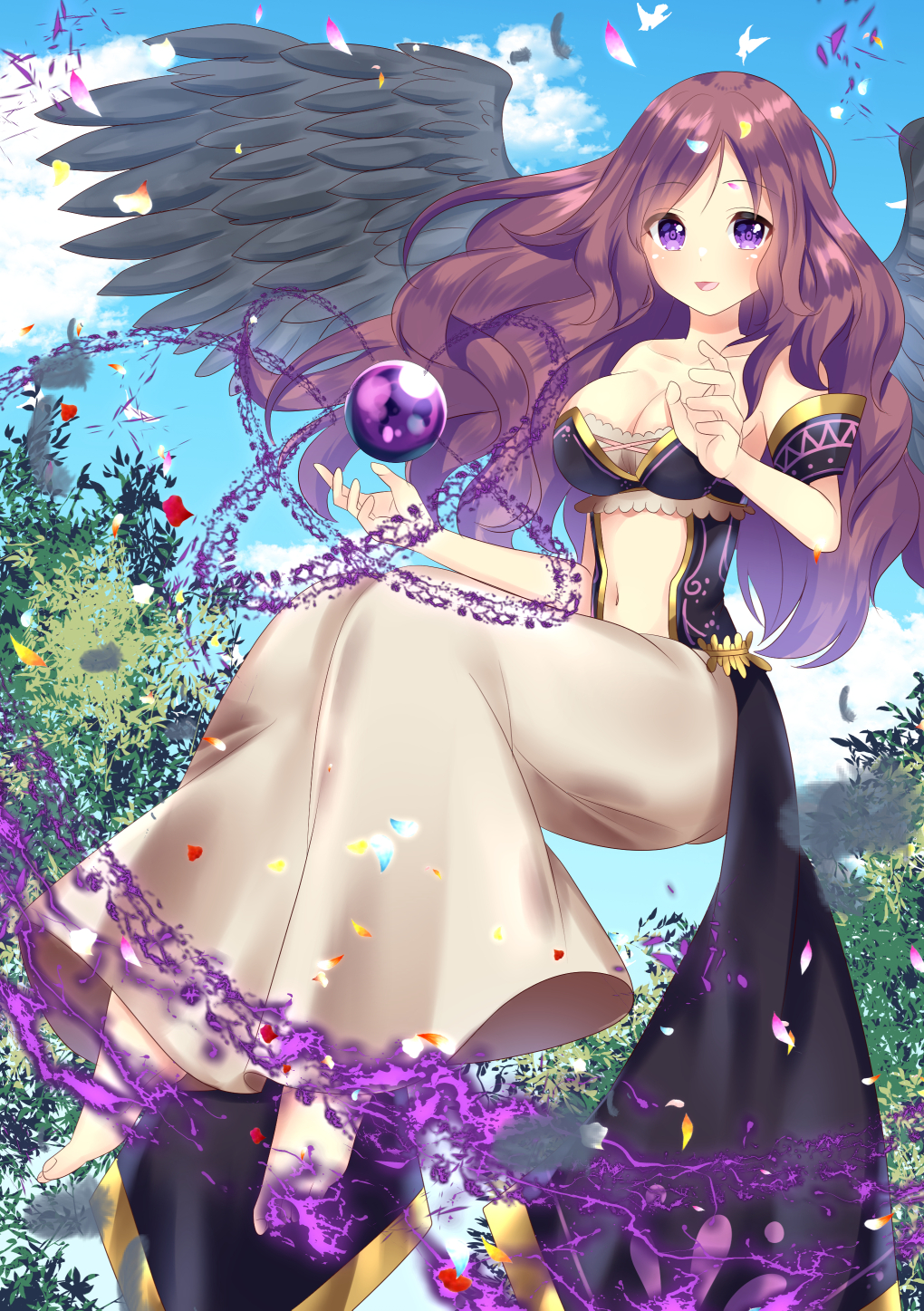 1girl :d bangs bare_shoulders barefoot black_wings blue_sky blush breasts brown_hair brown_skirt cleavage clouds collarbone commentary_request day eyebrows_visible_through_hair feathered_wings highres large_breasts long_hair misaki_(misaki86) navel open_mouth orb original outdoors parted_bangs petals sitting skirt sky smile solo strapless toenails very_long_hair violet_eyes wings