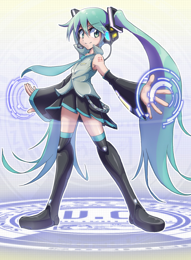 1girl aqua_eyes aqua_hair bangs bare_shoulders black_legwear closed_mouth commentary_request detached_sleeves eyebrows_visible_through_hair flat_chest full_body hair_between_eyes hatsune_miku headphones headset long_hair miniskirt necktie simple_background skirt solo standing thigh-highs twintails very_long_hair vocaloid white_background yuusuke_(5yusuke3)