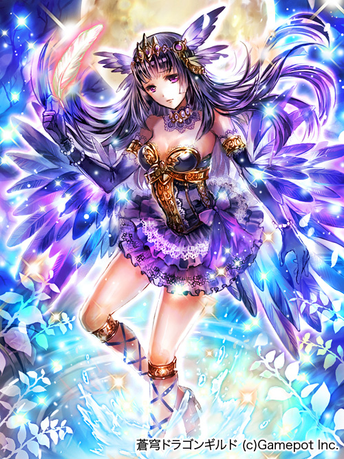 1girl bracelet breasts choker cleavage copyright_name copyright_request elbow_gloves feathers floating_hair gloves hair_feathers head_tilt headpiece holding holding_sheath jewelry layered_skirt long_hair looking_at_viewer medium_breasts miniskirt official_art purple_gloves purple_hair purple_skirt rioka_(southern_blue_sky) sheath skirt solo standing strapless very_long_hair violet_eyes