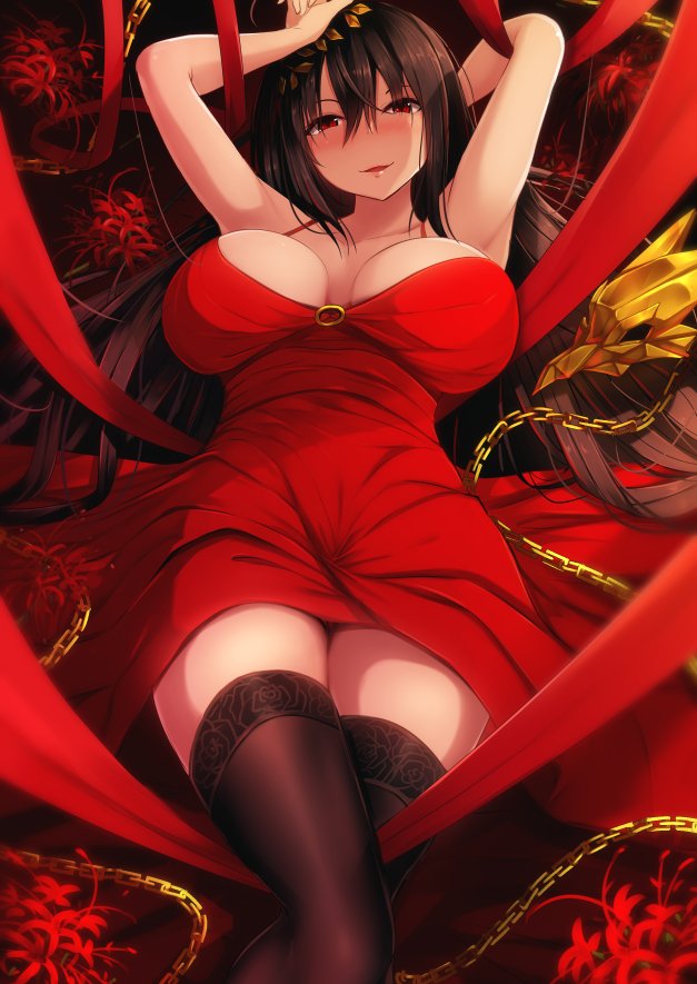 1girl arm_behind_head azur_lane bangs bare_shoulders black_hair black_legwear blush breasts chains cleavage commentary_request dress eyebrows_visible_through_hair hair_between_eyes hair_ornament head_tilt large_breasts long_hair looking_at_viewer lying nicoby parted_lips red_dress red_eyes smile solo taihou_(azur_lane) thigh-highs