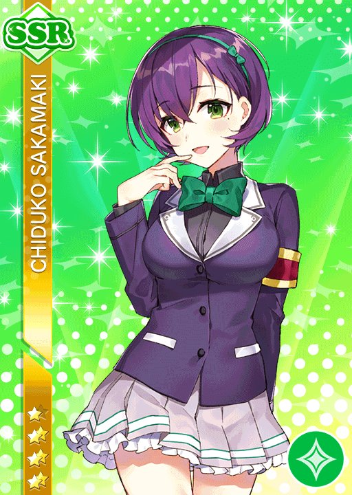 blush character_name dress green_eyes love_live!_school_idol_festival purple_hair sakamaki_chizuko short_hair smile