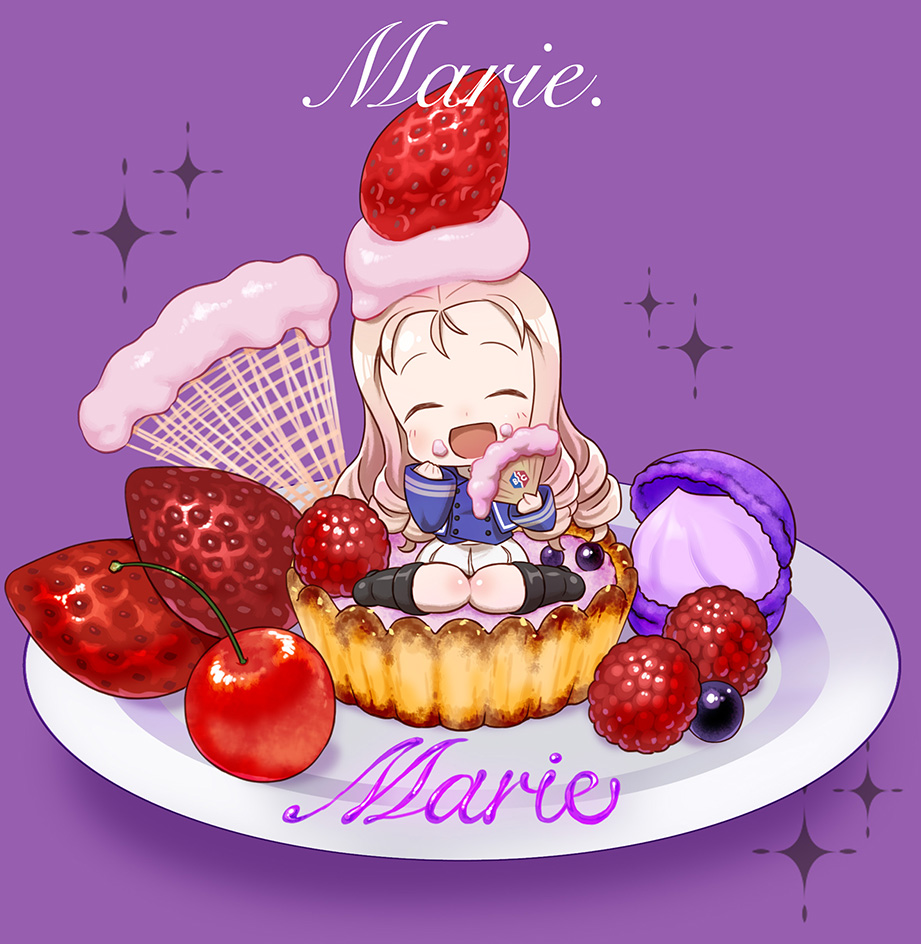 :d bc_freedom_(emblem) bc_freedom_military_uniform berries black_footwear blonde_hair blue_jacket blue_vest blueberry boots chaki_(teasets) character_name chibi closed_eyes cream cursive dessert drill_hair emblem facing_viewer fan folding_fan food food_on_face food_on_head food_request fruit girls_und_panzer holding holding_fan jacket knee_boots long_hair long_sleeves marie_(girls_und_panzer) military military_uniform minigirl object_on_head open_mouth plate pleated_skirt purple_background sitting skirt smile sparkle strawberry uniform vest wariza white_skirt