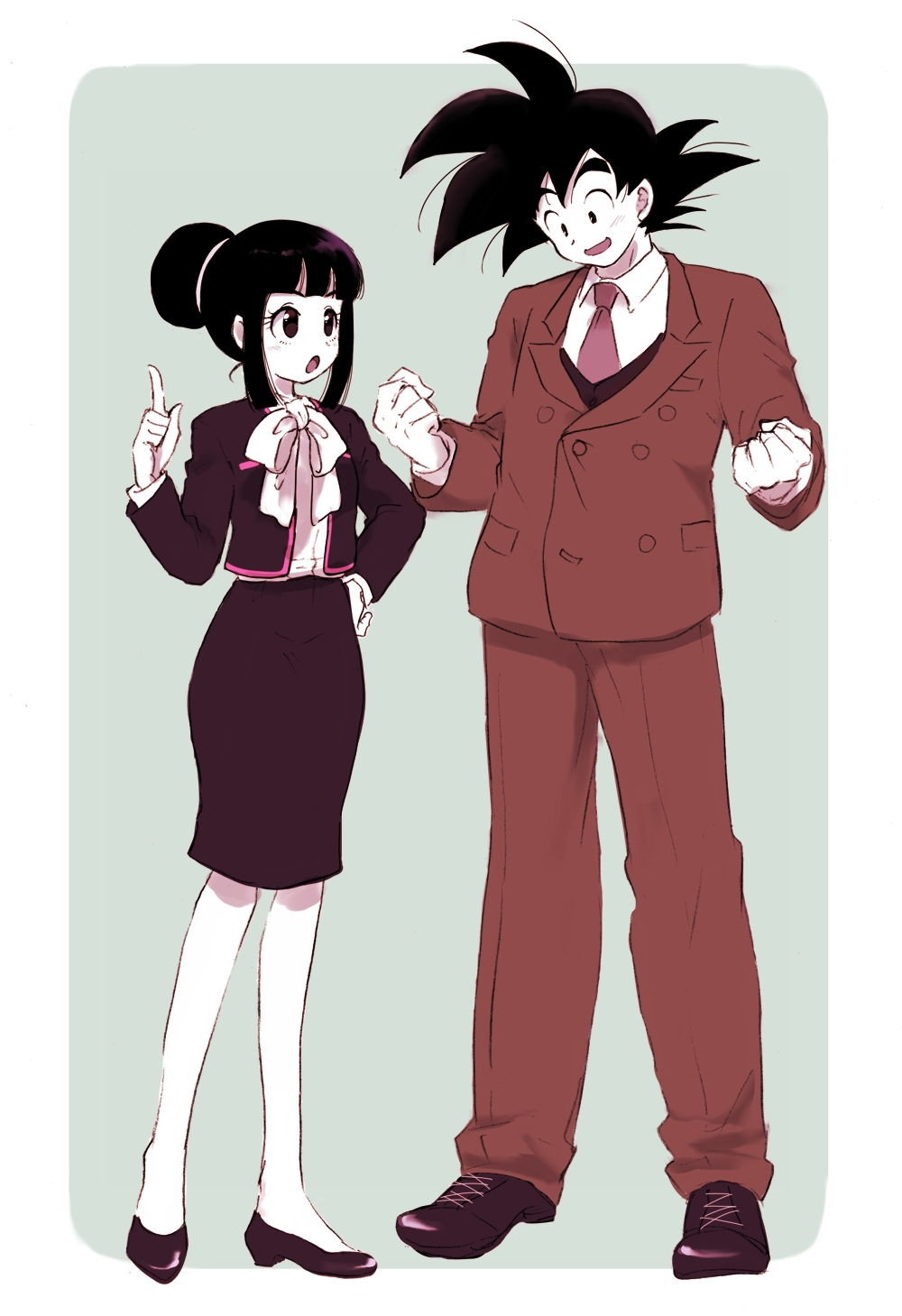 1boy 1girl :o bangs bare_legs black_eyes black_footwear black_hair chi-chi_(dragon_ball) clenched_hands dragon_ball dragonball_z eyelashes formal full_body grey_background hand_on_hip height_difference highres index_finger_raised jacket light_smile looking_at_viewer looking_down necktie nishi1225 open_mouth ribbon shirt simple_background skirt son_gokuu spiky_hair standing suit tied_hair two-tone_background white_background white_ribbon white_shirt