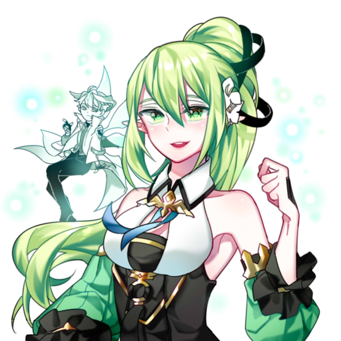 1boy 1girl ainchase_ishmael armpits bare_shoulders chuki_(lydia) collarbone detached_sleeves elf elsword erbluhen_emotion_(elsword) flower green_eyes green_hair hair_flower hair_ornament highres miniboy pointy_ears rena_(elsword) side_ponytail smile wind_sneaker_(elsword)