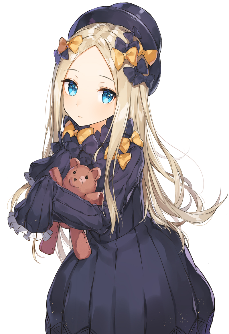 1girl abigail_williams_(fate/grand_order) bangs black_bow black_dress black_hat blonde_hair blue_eyes blush bow bug butterfly closed_mouth commentary_request dress eyebrows_visible_through_hair fate/grand_order fate_(series) forehead hair_bow hat insect long_hair long_sleeves looking_at_viewer object_hug orange_bow parted_bangs polka_dot polka_dot_bow rikoma simple_background sleeves_past_fingers sleeves_past_wrists solo stuffed_animal stuffed_toy teddy_bear very_long_hair white_background