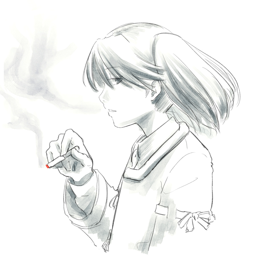 1girl cigarette kantai_collection ryuujou_(kantai_collection) simple_background sketch smoke smoking solo taruhi traditional_media twintails