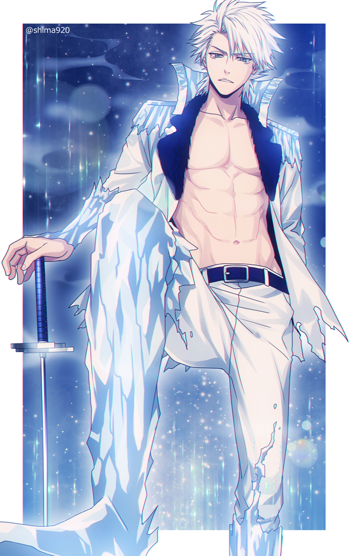 1boy bleach blue_eyes hitsugaya_toushirou ice mashima_shima short_hair solo sword torn_clothes weapon