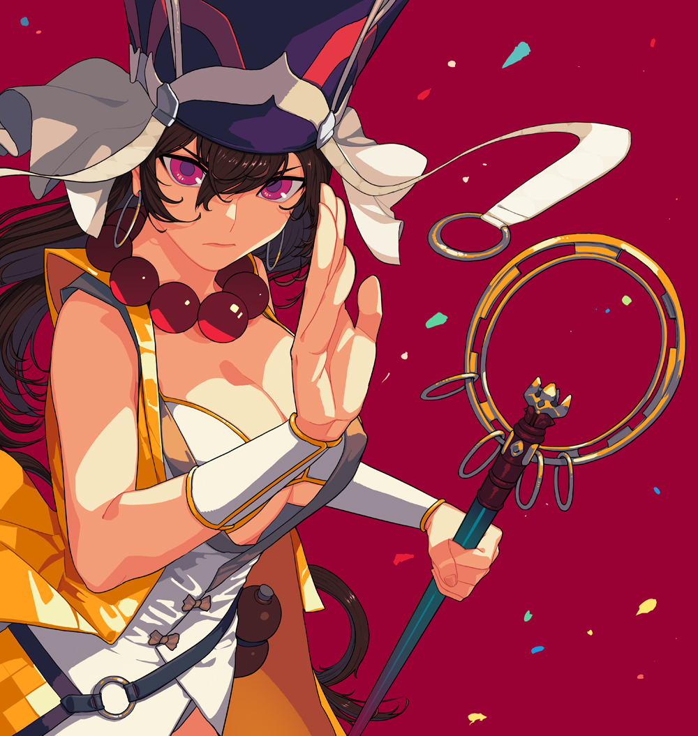 1girl bead_necklace beads bikini bikini_top breasts bridal_gauntlets cleavage closed_mouth earrings fate/grand_order fate_(series) gourd hair_between_eyes hand_up hat headpiece holding holding_staff hoop_earrings jewelry large_breasts necklace pink_eyes prayer_beads red_background staff standing sungwon swimsuit white_bikini xuanzang_(fate/grand_order)