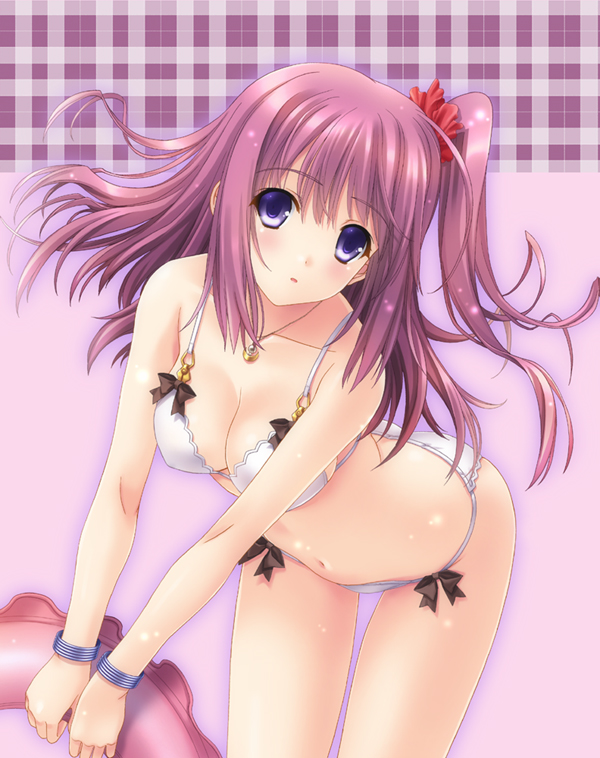 1girl bent_over bikini black_bow blue_eyes blush bow breasts brown_hair cleavage collarbone covered_nipples eyebrows_visible_through_hair floating_hair hair_between_eyes hair_ornament high_ponytail holding innertube jewelry kimizuka_aoi long_hair looking_at_viewer medium_breasts navel necklace original parted_lips shiny shiny_hair side_ponytail solo standing swimsuit very_long_hair white_bikini wristband