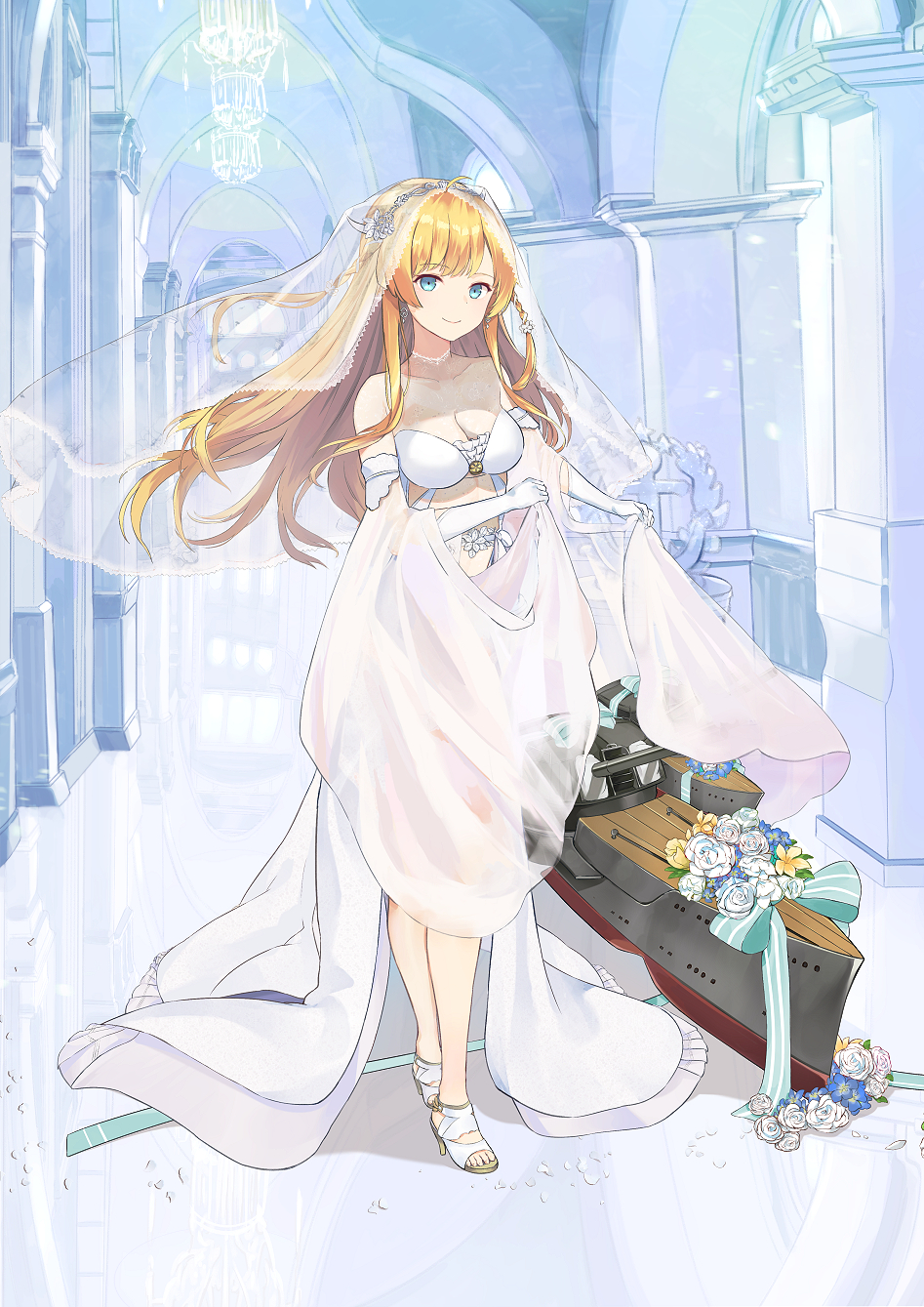 1girl azur_lane bangs blonde_hair blue_eyes braid breasts bridal_veil cleavage collar dress elbow_gloves eyebrows_visible_through_hair floating_hair full_body gloves high_heels highres indoors kongou_(azur_lane) long_hair looking_at_viewer medium_breasts mosta_(lo1777789) see-through shiny shiny_hair sleeveless sleeveless_dress solo standing swept_bangs veil very_long_hair white_dress white_gloves