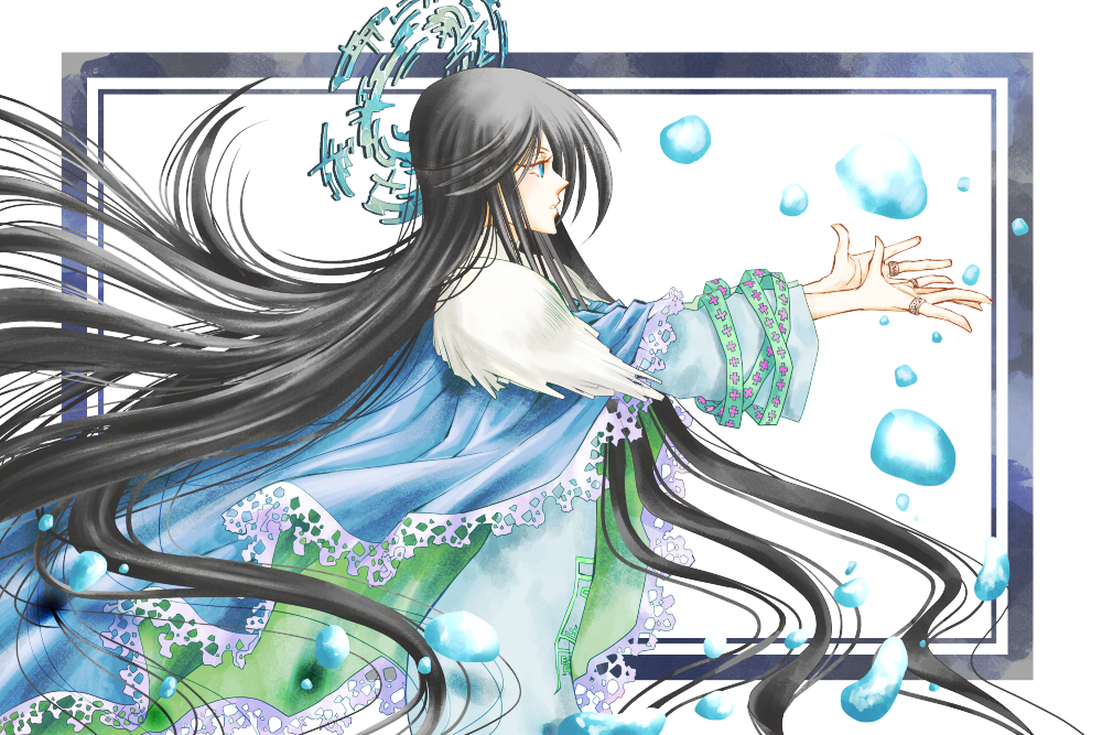 1girl bangs black_hair blue_cape blue_eyes bubble cape floating_hair frame houshin_engi jewelry long_hair open_palms outside_border outstretched_arms profile ring ryuukitsu_koushu simple_background solo tayana_(ddxc8574) very_long_hair white_background