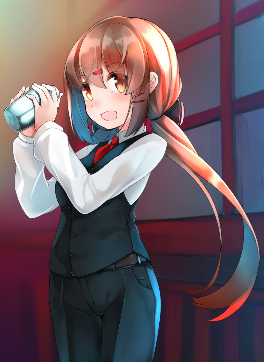 1girl :d alternate_costume belt black_pants black_vest brown_eyes brown_hair buttons comah eyebrows_visible_through_hair hair_between_eyes hair_ornament hairclip holding kantai_collection long_hair long_sleeves low_twintails necktie no_hat no_headwear open_mouth pants red_neckwear shirt smile solo tashkent_(kantai_collection) twintails vest white_shirt