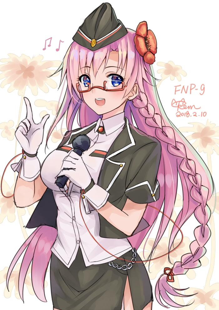1girl black_skirt blue_eyes blush braid breasts buttons chains character_name dated flower fnp-9_(girls_frontline) girls_frontline glasses gloves hair_flower hair_ornament hands_up hat holding holding_microphone kevn large_breasts long_hair looking_at_viewer low-tied_long_hair microphone military military_hat military_uniform musical_note open_mouth pink_hair red_glasses short_sleeves sidelocks signature skirt solo uniform upper_teeth white_gloves