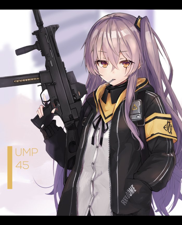 1girl armband bangs black_ribbon character_name clothes_writing crossed_bangs eyebrows_visible_through_hair fingerless_gloves girls_frontline gloves grey_hair gun h&amp;k_ump h&amp;k_ump45 hair_between_eyes hair_ornament hand_in_pocket heckler_&amp;_koch holding holding_gun holding_weapon hood hood_down hooded_jacket jacket letterboxed long_hair looking_at_viewer mouth_hold neck_ribbon one_side_up open_clothes open_jacket ribbon scar scar_across_eye scarf shirt sidelocks skirt solo submachine_gun sugar_(sugar17) trigger_discipline ump45_(girls_frontline) untucked_shirt weapon white_shirt yellow_eyes