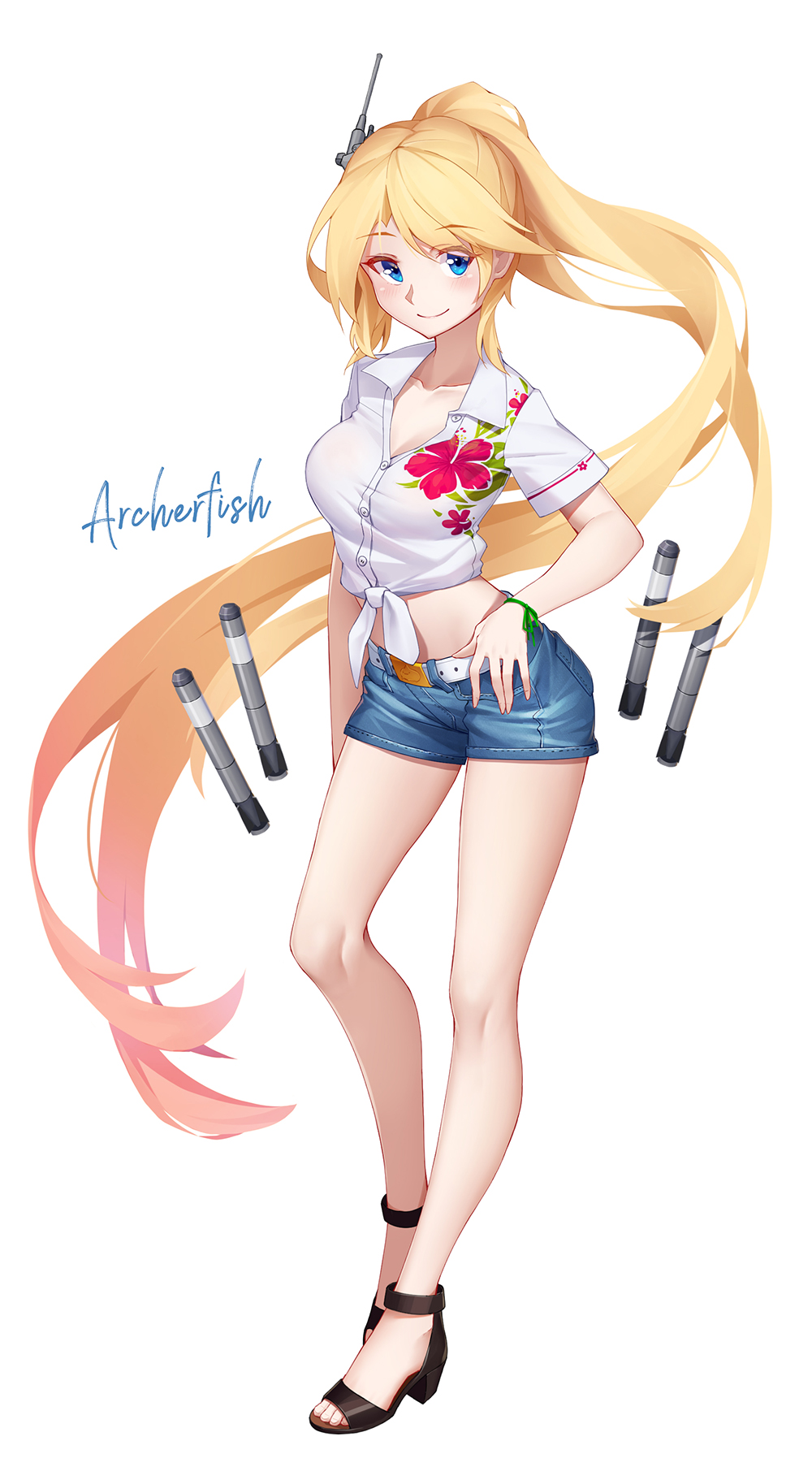 1girl archerfish_(zhan_jian_shao_nyu) arnold-s belt_buckle black_footwear blonde_hair blue_eyes blue_shorts blush breasts buckle closed_mouth commentary denim denim_shorts dress_shirt floral_print front-tie_top full_body hair_ornament hand_on_hip high_heels highres long_hair medium_breasts midriff ponytail print_shirt shirt shoes short_shorts shorts simple_background smile solo standing tied_shirt torpedo very_long_hair white_background white_belt white_shirt zhan_jian_shao_nyu