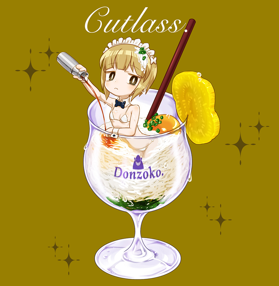 1girl arm_rest bangs bikini black_neckwear blonde_hair blunt_bangs bow bowtie breasts brown_background chaki_(teasets) character_name cinnamon_stick closed_mouth cocktail_shaker condensation cup cursive cutlass_(girls_und_panzer) detached_collar drinking_glass emblem eyebrows_visible_through_hair food food_on_head food_request frown girls_und_panzer holding kneeling looking_at_viewer maid_headdress minigirl object_on_head partially_submerged pouring shark short_hair side-tie_bikini small_breasts solo swimsuit white_bikini white_pupils wine_glass wrist_cuffs yellow_eyes