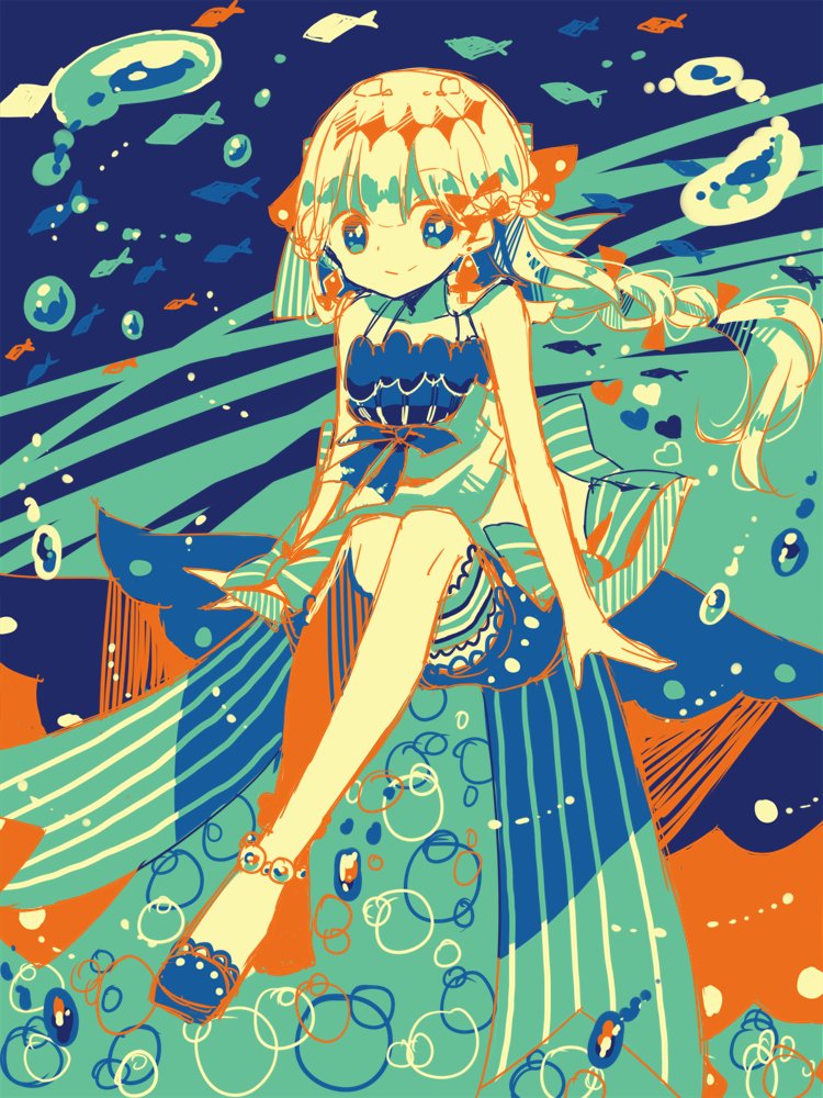 1girl air_bubble anklet blue_eyes bow braid breasts bubble character_request copyright_request crossed_ankles fish hair_bow hiro_(a_ci) invisible_chair jewelry limited_palette long_hair shoes sitting small_breasts smile solo strapless tail white_hair