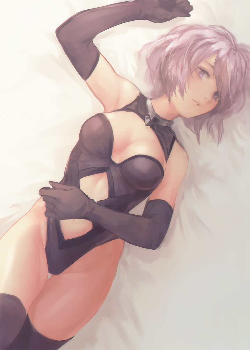 1girl black_gloves black_legwear breasts cleavage_cutout elbow_gloves fate/grand_order fate_(series) gloves highres leotard looking_at_viewer lying mash_kyrielight medium_breasts navel_cutout on_back otsukemono parted_lips purple_hair short_hair solo thigh-highs thigh_gap violet_eyes