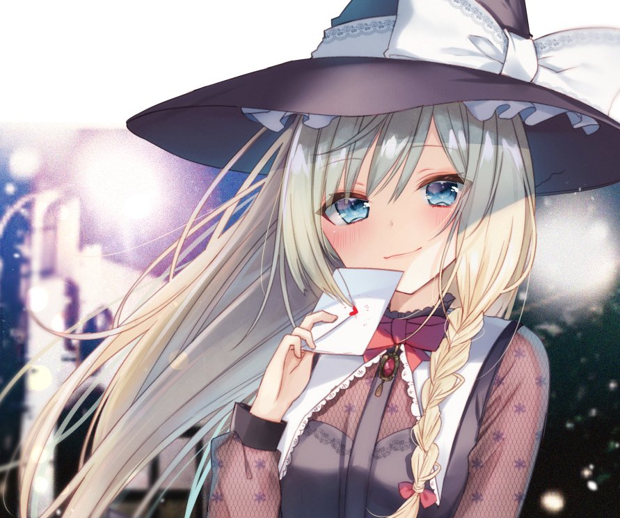 1girl alternate_eye_color bangs black_hat black_vest blonde_hair blue_eyes blurry blurry_background blush bow braid brooch commentary_request eyebrows_visible_through_hair eyes_visible_through_hair hair_between_eyes hair_bow hand_up hat head_tilt heart holding holding_letter jewelry kirisame_marisa lace-trimmed_collar lace_trim lens_flare letter long_hair long_sleeves looking_at_viewer natsuki_(ukiwakudasai) neck_ribbon puffy_sleeves red_bow red_neckwear red_ribbon ribbon single_braid smile solo touhou vest witch_hat