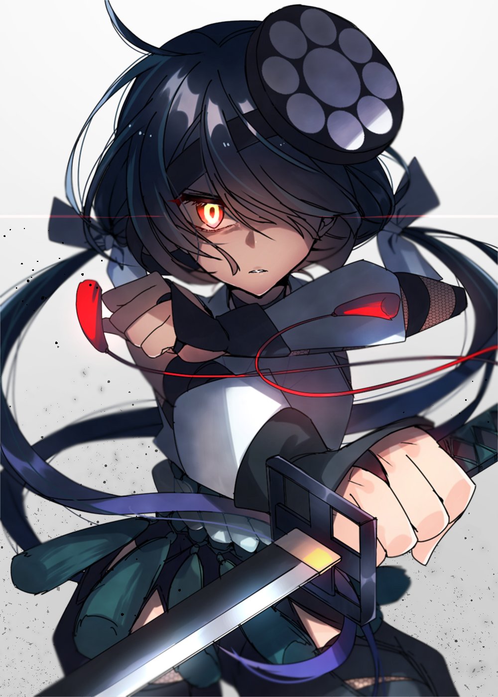 0wsaa0 1girl black_hair bridal_gauntlets eyepatch eyepatch_removed fate/grand_order fate_(series) glowing glowing_eye hair_over_one_eye highres katana low_twintails mochizuki_chiyome_(fate/grand_order) red_eyes reverse_grip rope shimenawa sword twintails weapon