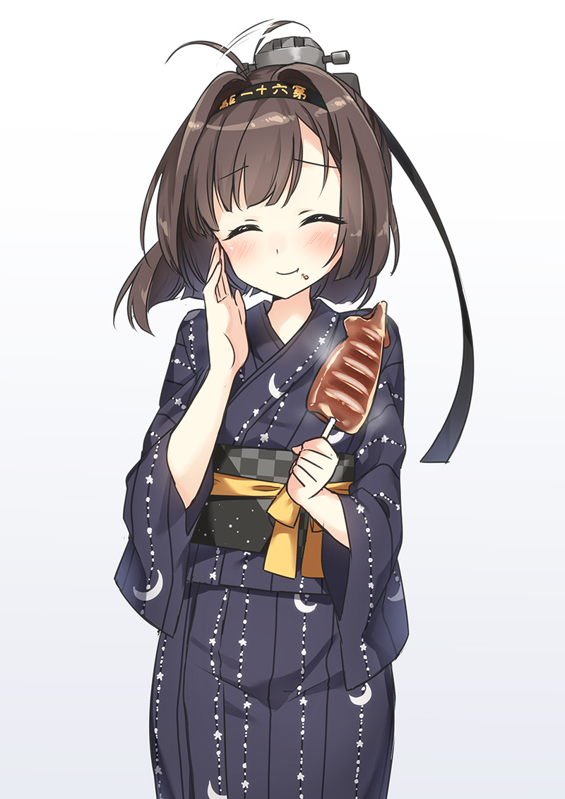 1girl afterimage ahoge ahoge_wag akizuki_(kantai_collection) bangs black_headband black_kimono blush bow brown_hair closed_mouth crescent_print eating expressive_hair eyebrows_visible_through_hair food food_on_face gradient gradient_background grey_background hachimaki hair_intakes hair_ornament hand_up headband holding holding_food ikayaki japanese_clothes kantai_collection kimono long_sleeves masuishi_kinoto obi print_kimono sash short_hair smile solo white_background wide_sleeves yellow_bow yukata