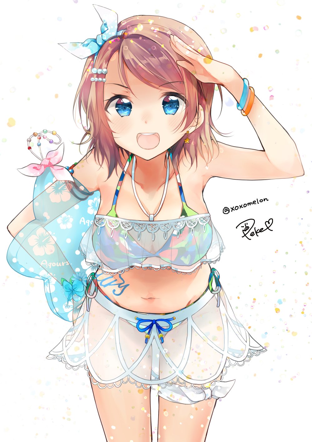 1girl :d bikini bikini_skirt blue_bow blue_eyes blue_ribbon bow bracelet breasts brown_hair collarbone commentary_request earrings grey_hair hair_ornament hair_ribbon hairclip halterneck highres inflatable_toy jewelry leaning_forward looking_at_viewer love_live! love_live!_sunshine!! medium_breasts navel open_mouth peke_(xoxopeke) ribbon round_teeth salute see-through signature smile solo stomach_tattoo swimsuit tattoo teeth twitter_username upper_teeth watanabe_you white_background wrist_bow wrist_flower