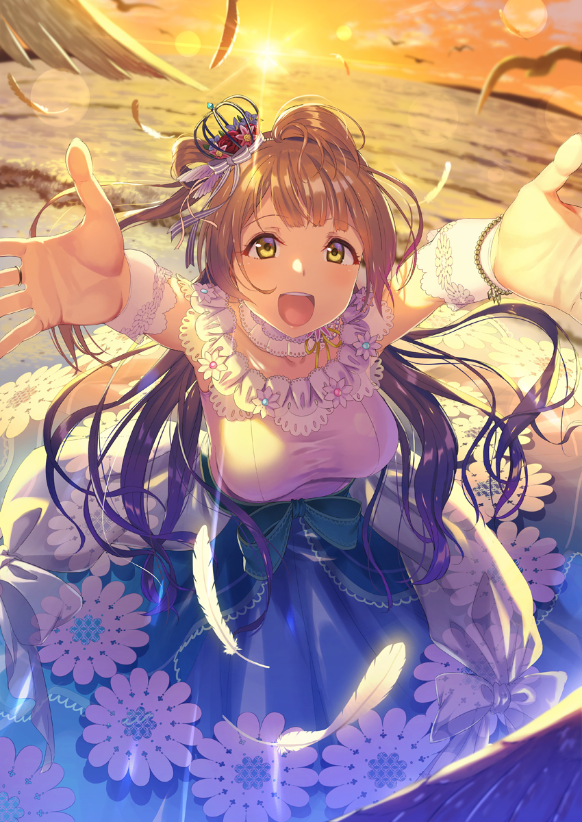 1girl :d alternate_costume bangs beach bird blush breasts brown_hair choker clouds commentary_request crown dress eyebrows_visible_through_hair feathers hair_ribbon highres kichiroku long_hair looking_at_viewer love_live! love_live!_school_idol_project medium_breasts minami_kotori mini_crown ocean open_mouth outdoors outstretched_arms ribbon side_ponytail sky smile solo spread_arms standing striped striped_ribbon sun sunset wind wrist_cuffs yellow_eyes