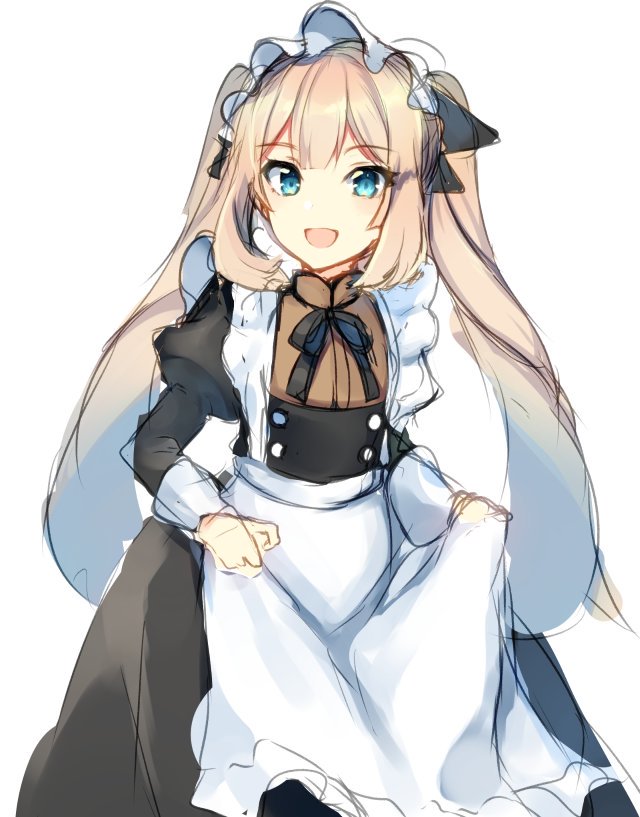 1girl :d alternate_costume ameshizuku_natsuki apron apron_hold bangs black_dress blue_eyes blush dress enmaided eyebrows_visible_through_hair fate/grand_order fate_(series) frilled_apron frills juliet_sleeves light_brown_hair long_hair long_sleeves looking_at_viewer maid maid_apron maid_headdress marie_antoinette_(fate/grand_order) open_mouth puffy_sleeves sidelocks simple_background sketch smile solo twintails very_long_hair white_apron white_background