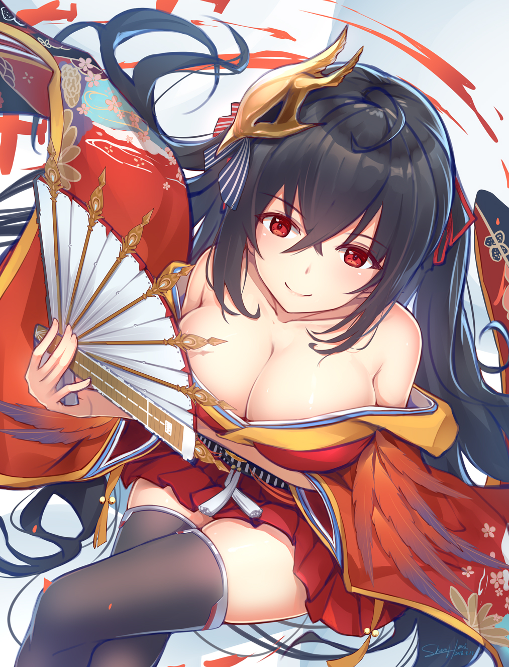 1girl aircraft airplane artist_name azur_lane bare_shoulders black_hair black_legwear breasts cleavage dated fan folding_fan from_above hair_between_eyes hair_ribbon highres japanese_clothes kimono large_breasts legs_crossed long_hair looking_at_viewer mask mask_on_head off_shoulder red_eyes red_kimono red_ribbon ribbon shenhai_(2556146833) shikigami sitting smile solo taihou_(azur_lane) thigh-highs twintails very_long_hair
