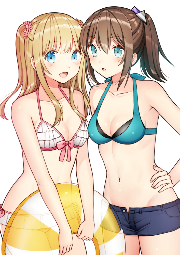 2girls :d bangs bare_arms bare_shoulders bikini blonde_hair blue_bikini_top blue_eyes blue_shorts blush bow breasts brown_hair collarbone commentary_request eyebrows_visible_through_hair flower green_eyes hair_between_eyes hair_flower hair_ornament halter_top halterneck hand_on_hip holding holding_innertube innertube kurata_rine long_hair looking_at_viewer multiple_girls navel open_clothes open_fly open_mouth open_shorts original parted_lips pink_flower ponytail short_shorts shorts simple_background small_breasts smile swimsuit transparent two_side_up white_background white_bikini