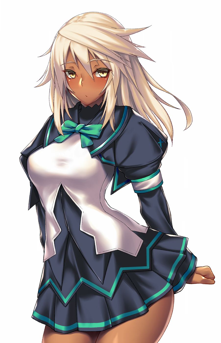 1girl aqua_bow aqua_neckwear bangs black_skirt blonde_hair blush bow bowtie breasts cowboy_shot dark_skin eyebrows_visible_through_hair female guilty_gear guilty_gear_xrd hair_between_eyes highres juliet_sleeves long_hair long_sleeves looking_at_viewer medium_breasts miniskirt pleated_skirt puffy_sleeves ramlethal_valentine simple_background skirt solo takanashi-a thighs white_background yellow_eyes