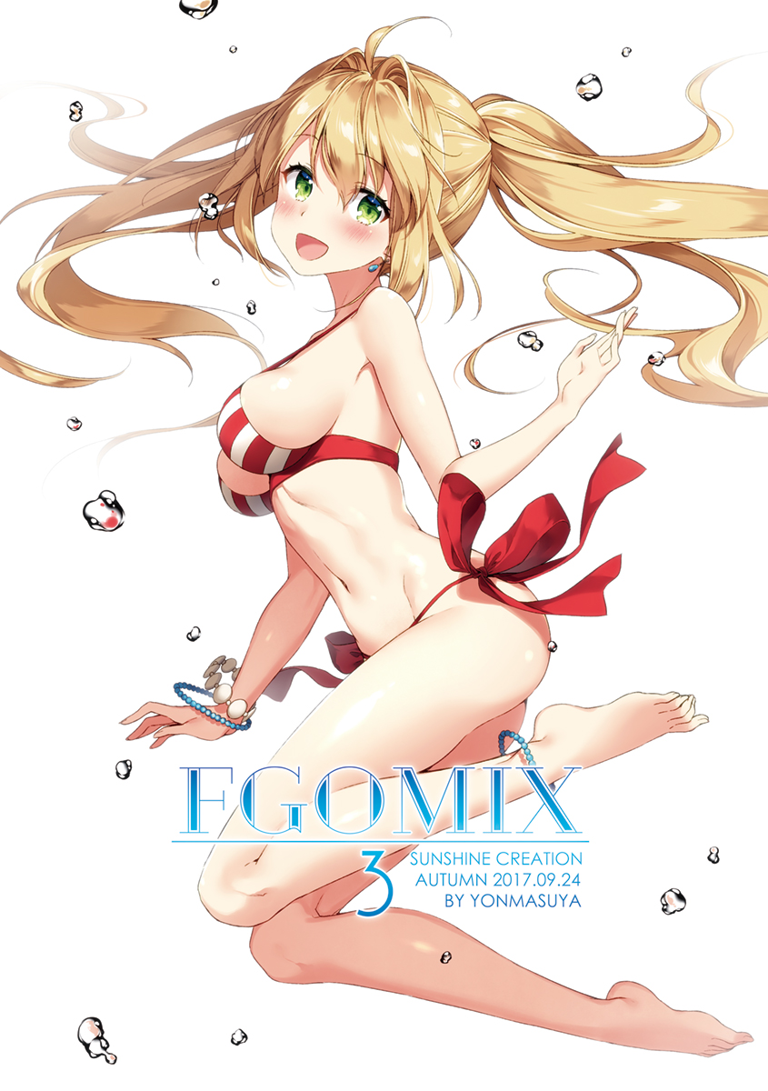 1girl :d ahoge anklet ass bangs bare_arms bare_legs bare_shoulders barefoot bead_bracelet beads bikini blonde_hair blush bracelet breasts commentary_request cover cover_page earrings eyebrows_visible_through_hair fate/grand_order fate_(series) floating_hair full_body green_eyes hair_between_eyes hair_intakes halter_top halterneck hand_up head_tilt highres jewelry long_hair looking_at_viewer looking_to_the_side masuishi_kinoto medium_breasts navel nero_claudius_(fate)_(all) nero_claudius_(swimsuit_caster)_(fate) open_mouth plantar_flexion red_bikini sideboob sidelocks simple_background smile solo striped striped_bikini swimsuit twintails very_long_hair water_drop white_background white_bikini
