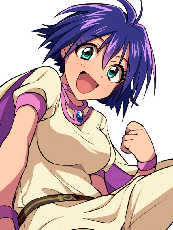 1girl :d amelia_wil_tesla_seyruun bangs blue_hair breasts brooch cape dark_blue_hair eyebrows_visible_through_hair hair_between_eyes jewelry looking_at_viewer medium_breasts open_mouth sayshownen short_hair simple_background slayers smile solo white_background wristband